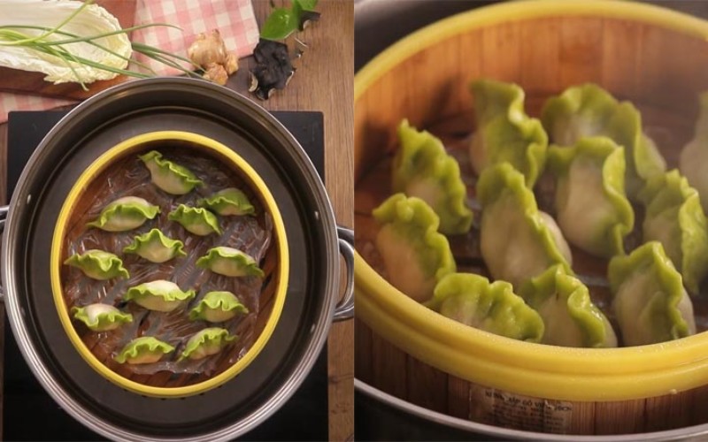 Tiến hành hấp há cảo bắp cải chay trong xửng