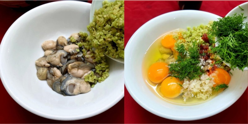 Cho hàu, cốm và trứng cùng thì là chuẩn bị chiên