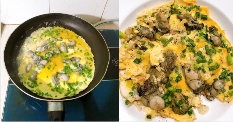 Đổ trứng hành và hàu vào chảo chuẩn bị chiên