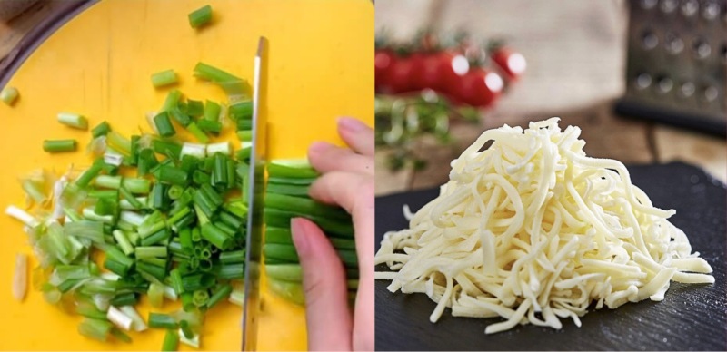 Cắt hành lá và phô mai sợi chuẩn bị cho món hàu chiên trứng