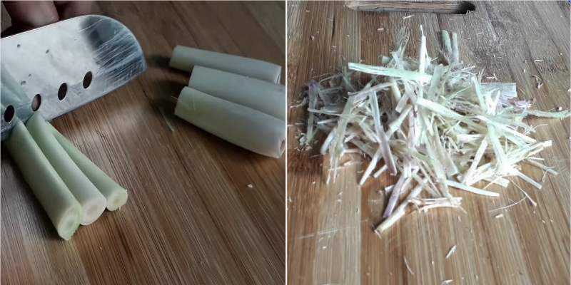 Sả rửa kỹ, cắt khúc rồi chẻ thành sợi mỏng.