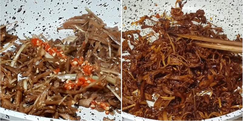 Tiến hành sấy khô chân nấm vừa ướp