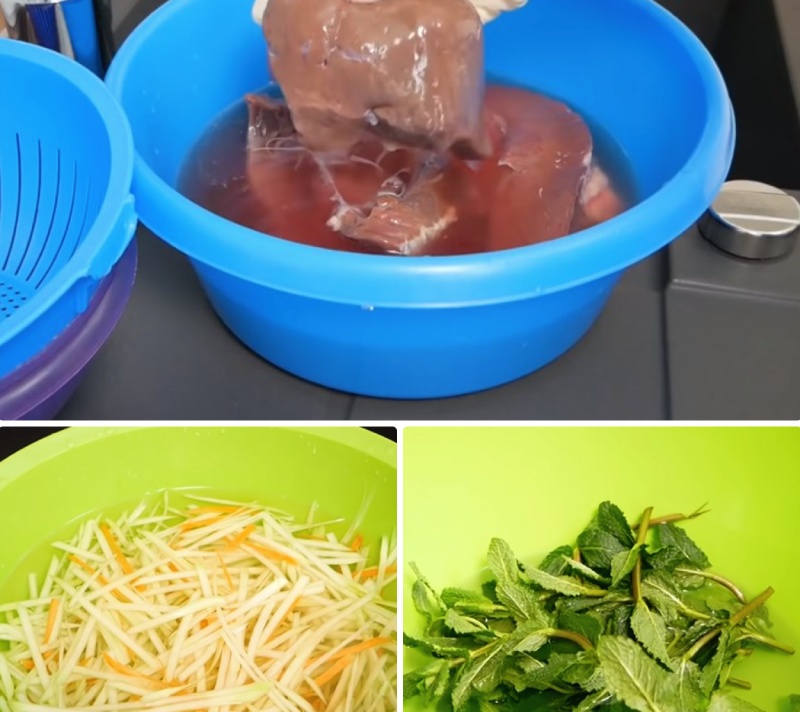 Sơ chế tim bò, đu đủ, rau thơm