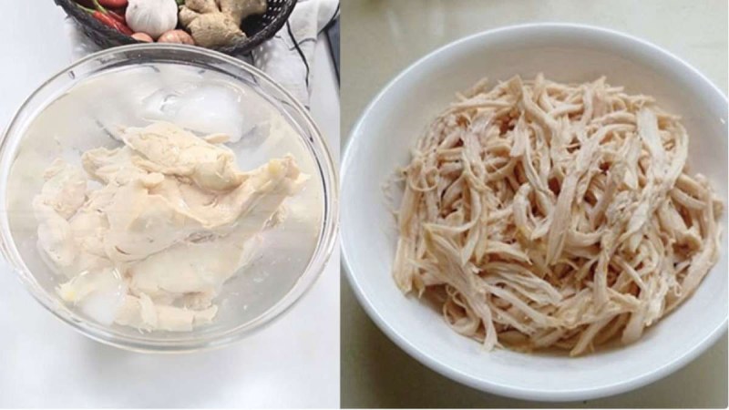 Luộc và xé gà thành sợi vừa ăn