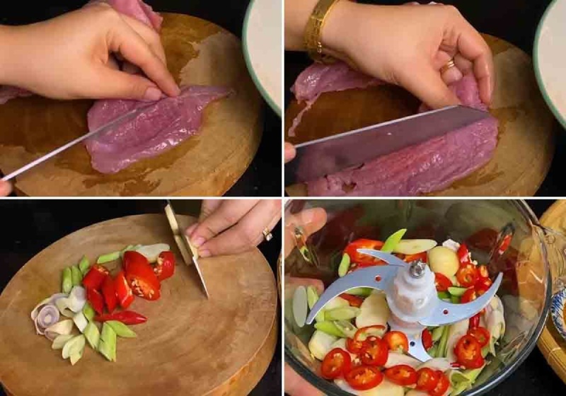 Thịt heo cắt miếng, tỏi, ớt, xả xay nhỏ