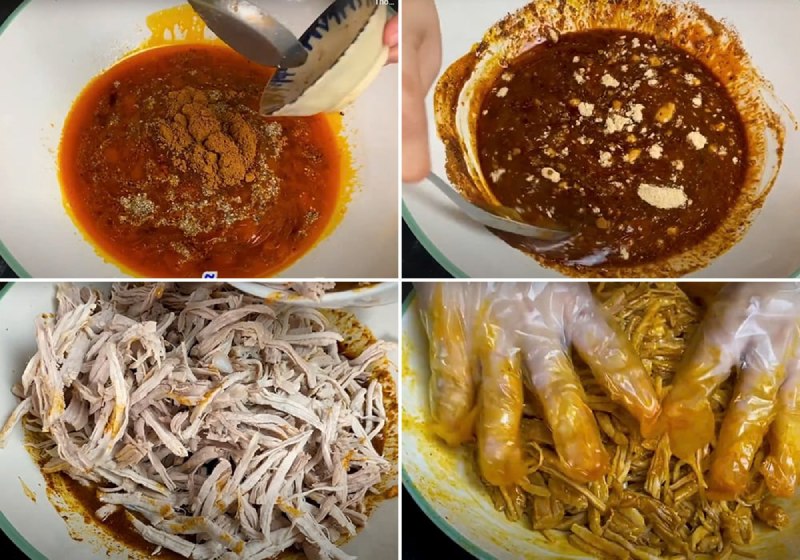 Xé thịt heo và tẩm gia vị