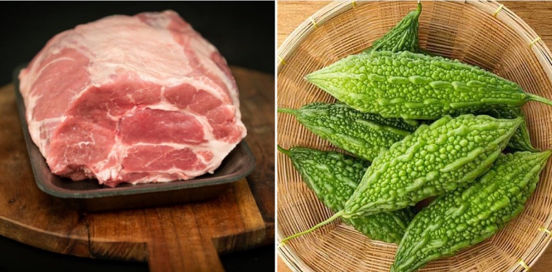Thịt heo tươi sống và rổ khổ qua xanh