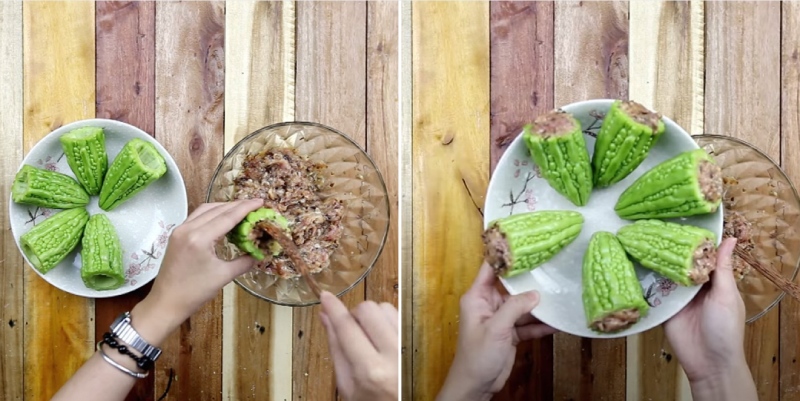 Thịt băm trộn gia vị được nhồi vào trái khổ qua xanh