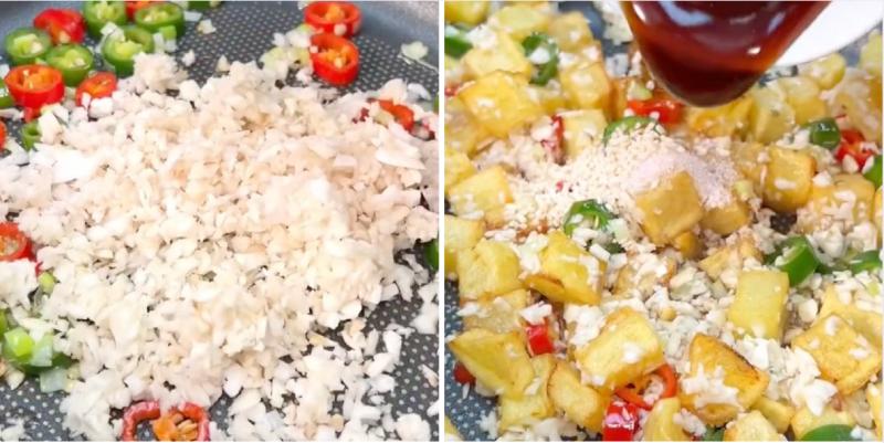 Công đoạn xào khoai tây và nấm