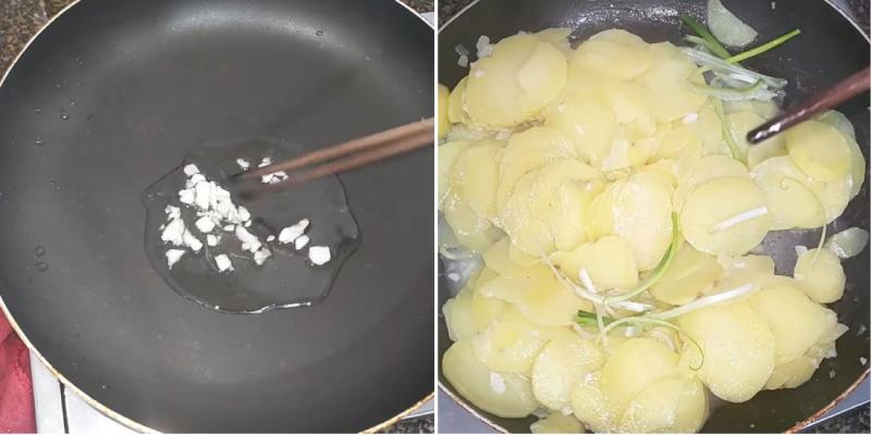 Tiến hành phi thơm tỏi và xào khoai tây