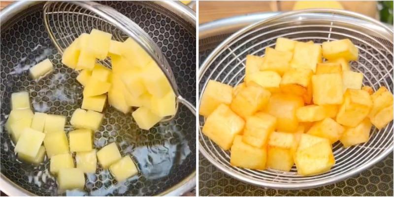 Tiến hành công đoạn chiên khoai tây