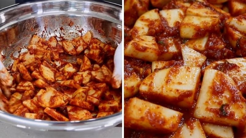 trộn kim chi với nước ướp