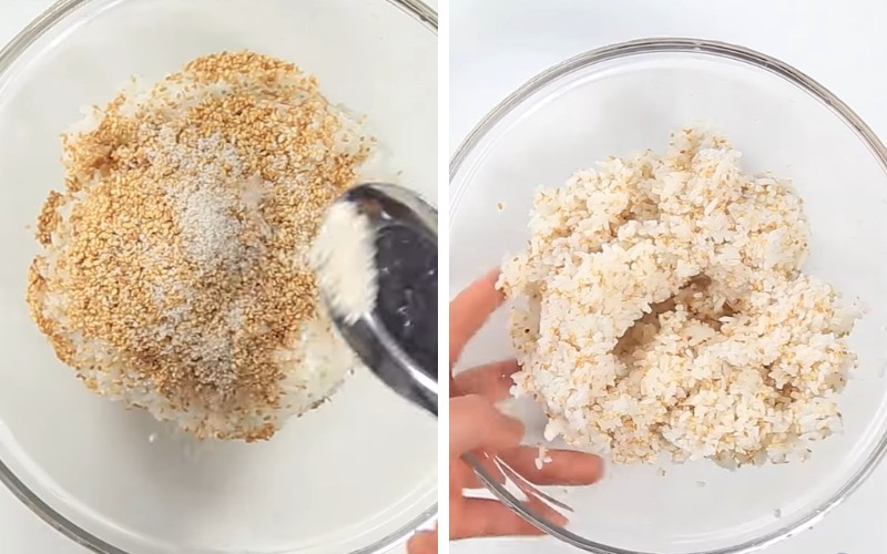 Tiến hành công đoạn trộn cơm với mè