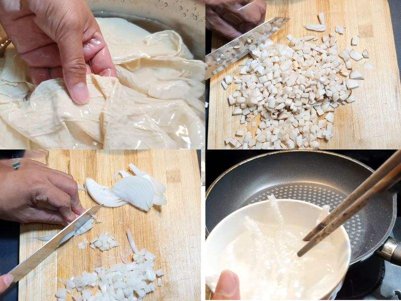 Sơ chế nguyên liệu làm lạp xưởng chay bằng tàu hũ ky