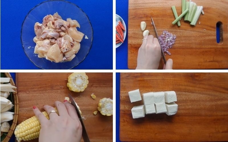 Nguyên liệu chuẩn bị gồm thịt gà, sả, ngô, đậu phụ, tỏi, hành tím