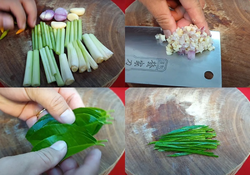 Sơ chế nguyên liệu: cắt sả, băm hành tỏi, thái lá chanh sợi nhỏ