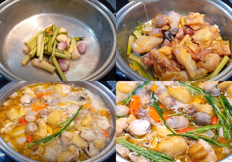 Xào sả hành, cho gà vào đảo sơ rồi nấu cùng nấm và rau củ
