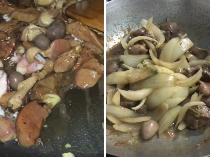 Tiến hành xào lòng gà với hành tây