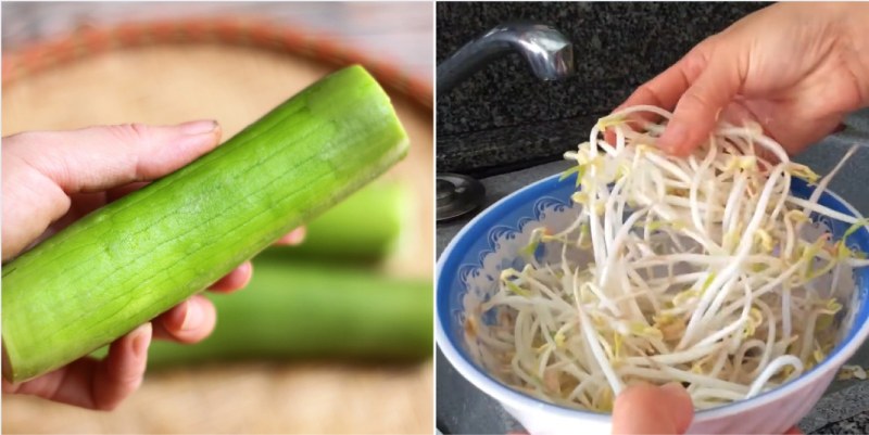 Mướp gọt vỏ cùng giá đỗ rửa sạch