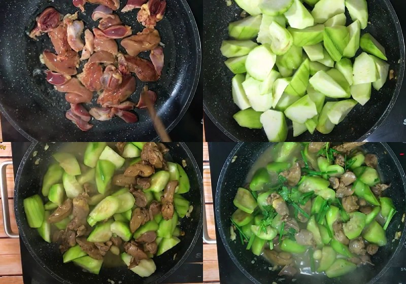 Công đoạn xào lòng gà với mướp