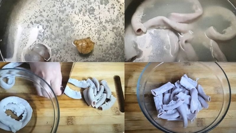 Các bước sơ chế và luộc lòng heo sạch trước khi chế biến.