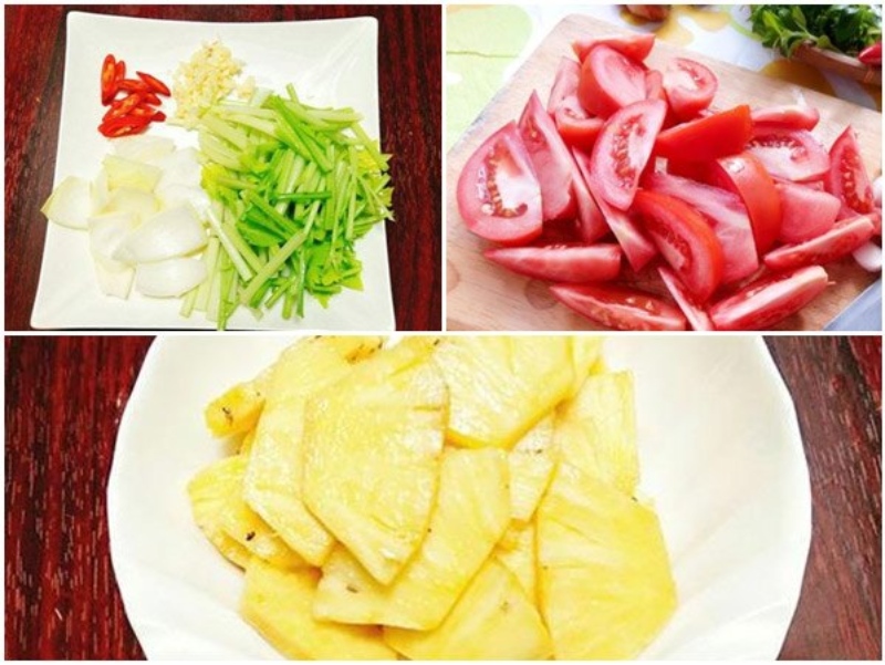 Nguyên liệu gồm cà chua, thơm, hành tây, cần tây và ớt.