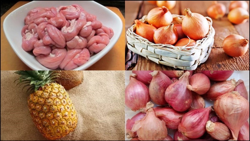 Nguyên liệu chính món lòng heo xào dứa: lòng non, dứa, hành tím, hành tây