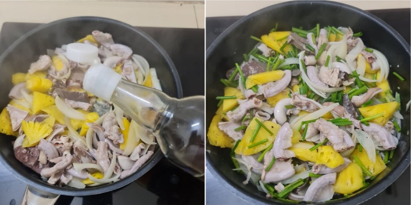 Thêm nước mắm vào lòng heo xào dứa trong chảo