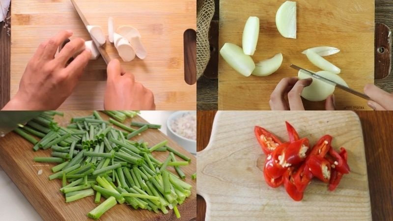 Sơ chế nguyên liệu: nấm, hành tây, hành lá và ớt