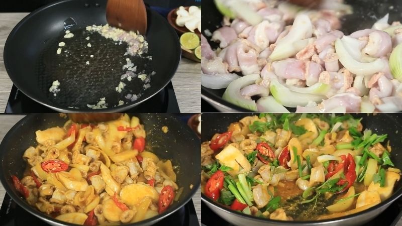 Các bước xào lòng heo với hành, ớt và nấm