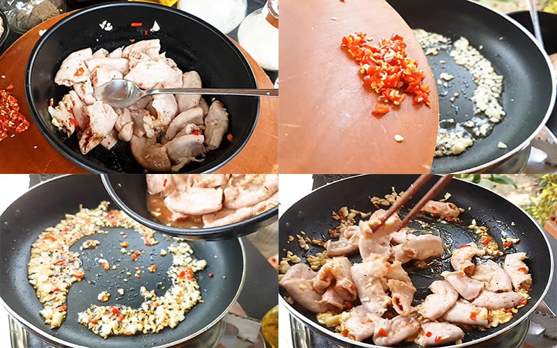 Lòng heo đang ướp và xào với sả tỏi ớt trong chảo