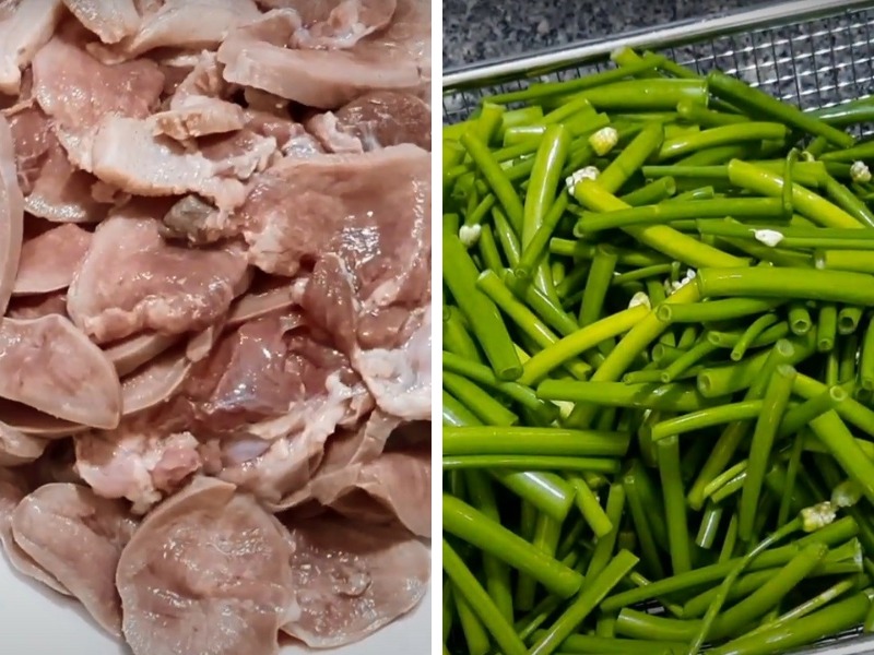 ưỡi heo luộc thái lát và bông hành sau khi chần sơ