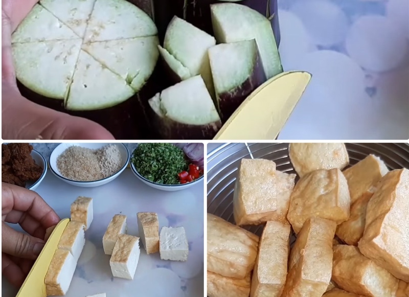 cắt đậu hũ và cà tím thành từng miếng vừa ăn