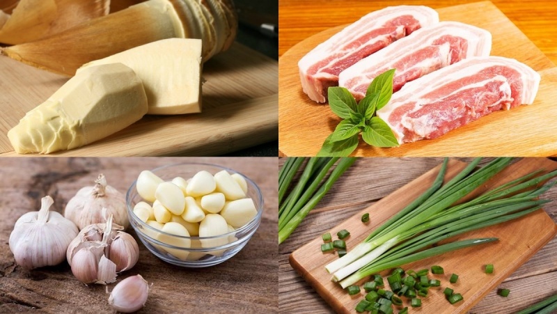 Các nguyên liệu để làm món măng chua xào thịt heo