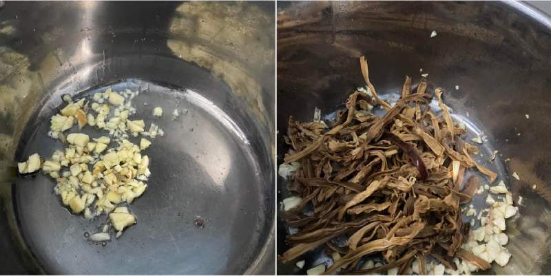 Phi thơm tỏi sau đó bỏ măng khô vào xào đều