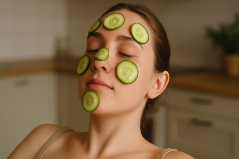 Đắp mặt nạ dưa leo để làm mát da mặt sau khi bị nắng