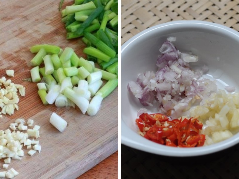 Hành tím, hành lá, tỏi, ớt được băm nhỏ