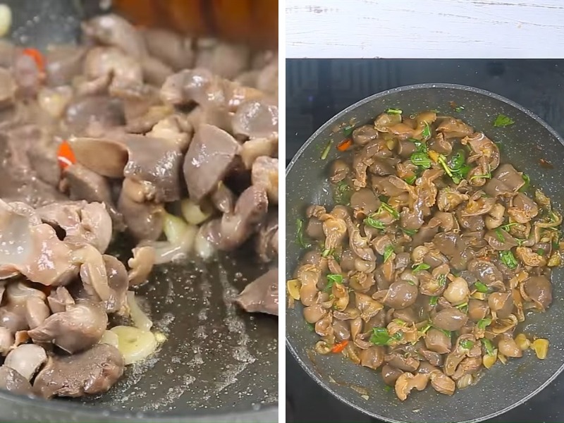 Xào mề gà trên chảo