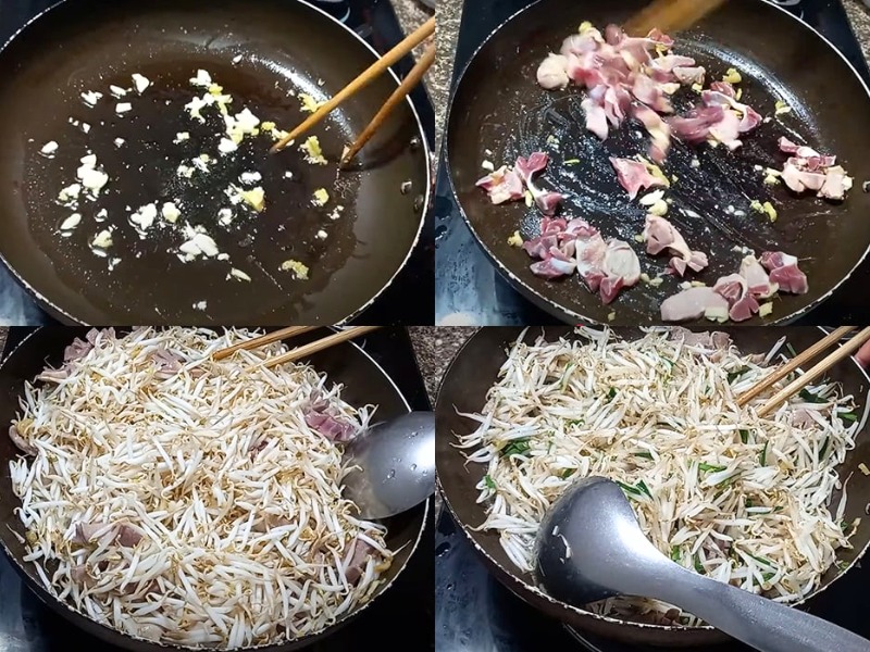 Công đoạn xào mề gà với giá đỗ