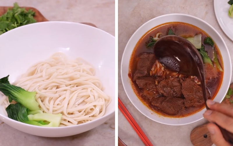 Đặt mì đã chần vào tô. Xếp thịt bò và cải thìa lên trên