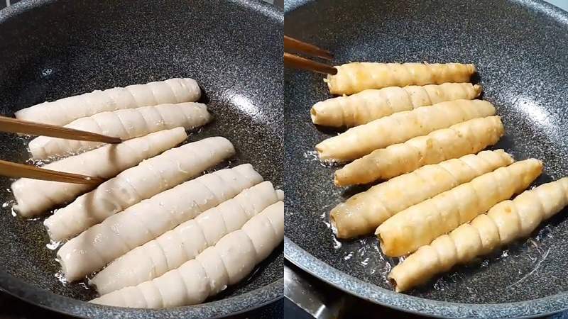 Chiên mì căn trên chảo dầu nóng