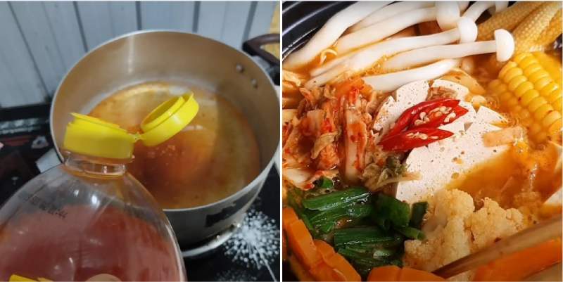 Nấu mì và nước dùng làm mì cay chay rau củ