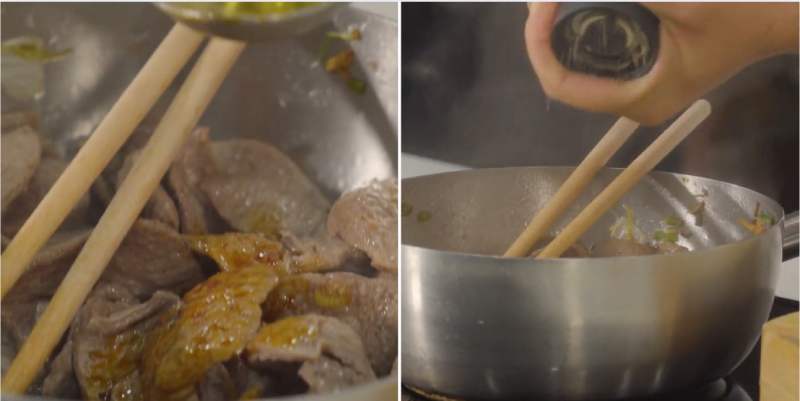 Công đoạn xào bò lát chay và thêm gia vị