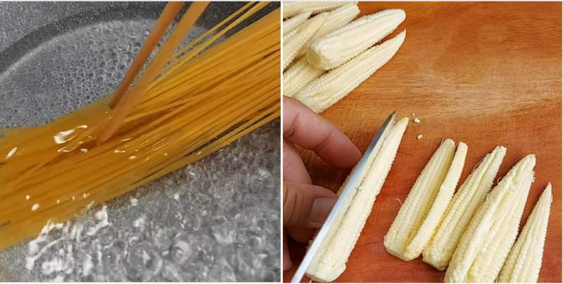 Tiến hành sơ chế bắp non và luộc mì