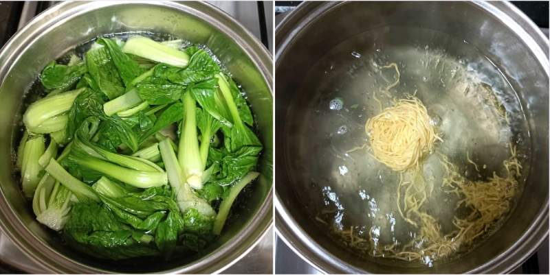 Công đoạn trụng mì và rau cải thìa