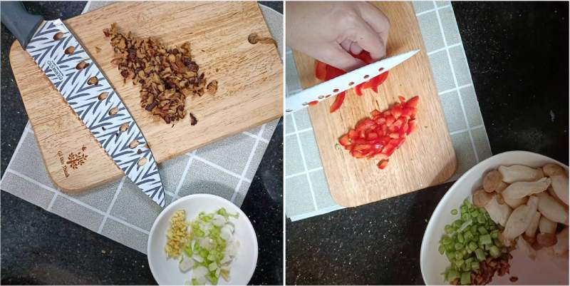 Sơ chế nguyên liệu làm mì trộn chay với nấm