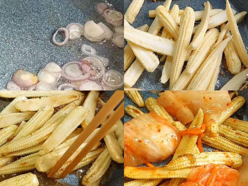 Công đoạn xào nguyên liệu làm mì trộn chay kim chi