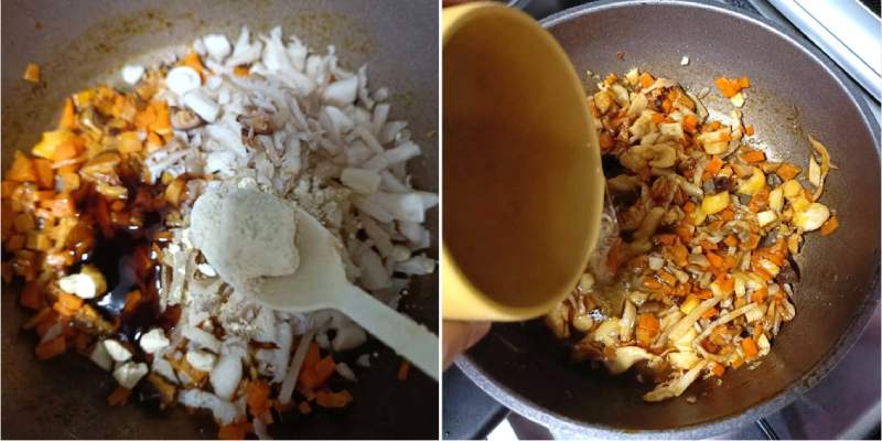 Tiến hành xào nguyên liệu làm mì trộn chay với nấm