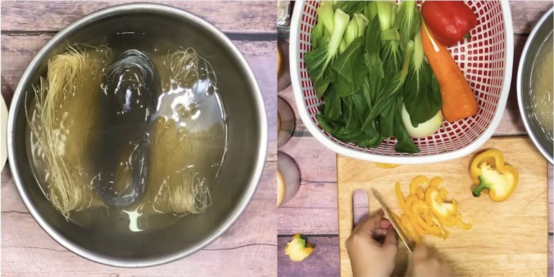 Ngâm miến và sơ chế rau củ tươi như cà rốt, cải ngọt, ớt chuông cho món xào