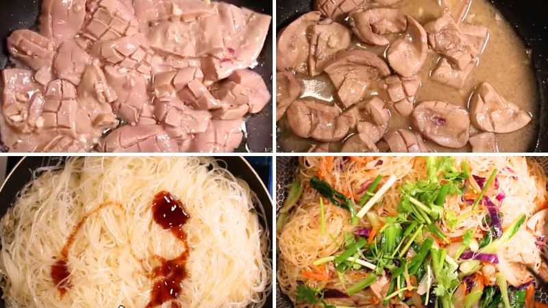 Xào cật heo với gia vị, trộn cùng miến và rau củ tạo món ăn đậm đà